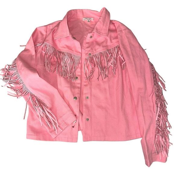 Fringe rhinestone Detail Dropped Shoulder Denim Jacket - Picture 2 of 4